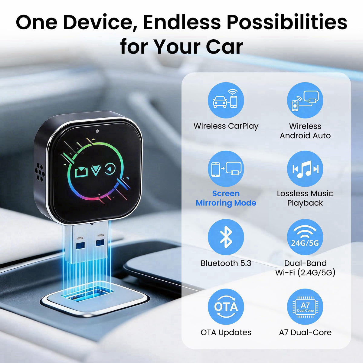 ELECROW 3 in 1 Wireless CarPlay Adapter for iPhone＆Android – close-up detail