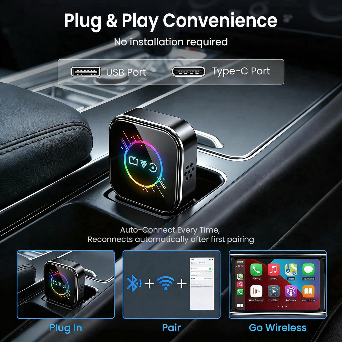 ELECROW 3 in 1 Wireless CarPlay Adapter for iPhone＆Android – packaging and label