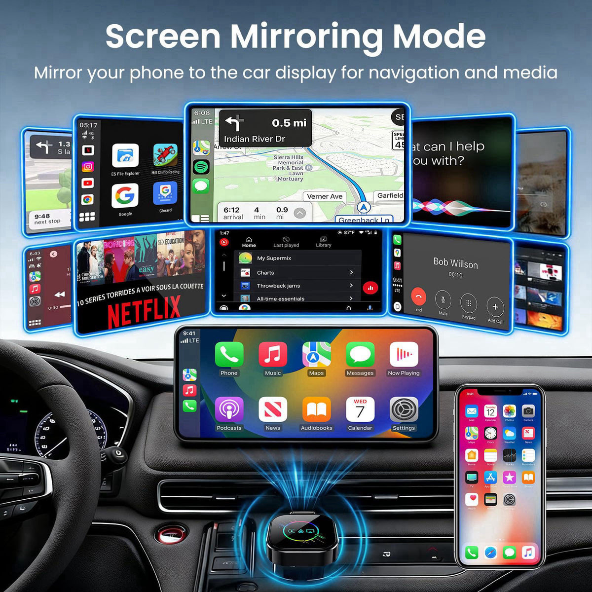 ELECROW 3 in 1 Wireless CarPlay Adapter for iPhone＆Android – full view