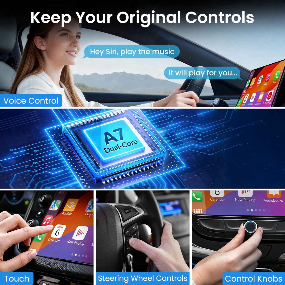 ELECROW 3 in 1 Wireless CarPlay Adapter for iPhone＆Android – back view and specifications