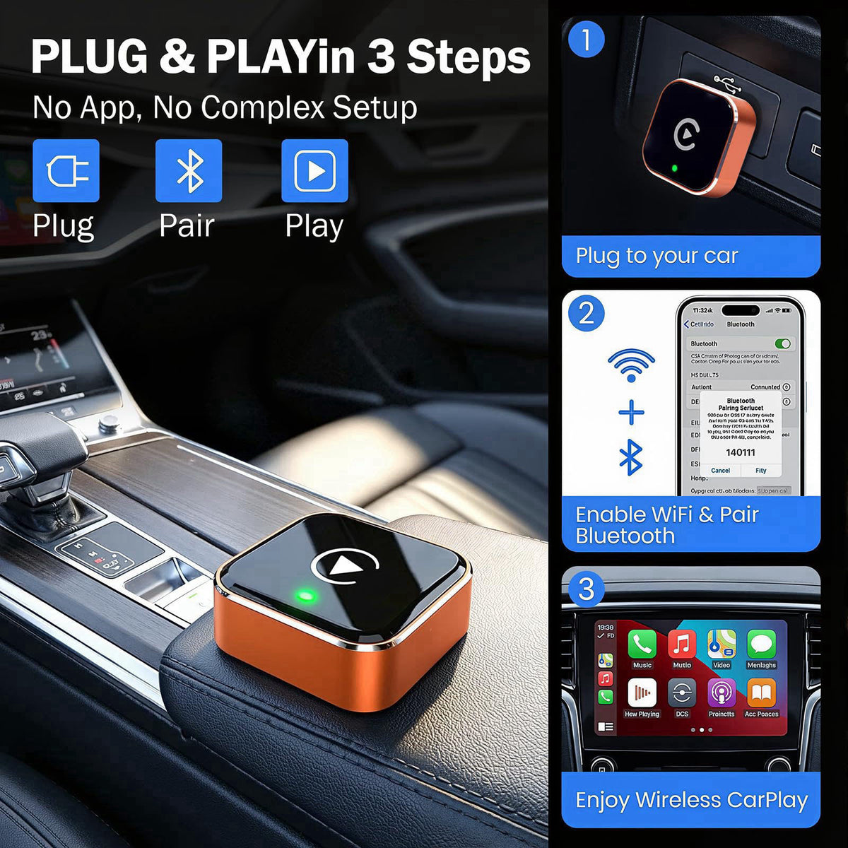 Gallasys Wireless CarPlay Adapter for iPhone & Android Auto Adapter, Convert Wired to Wireless CarPlay Dongle,Dual-Band 
