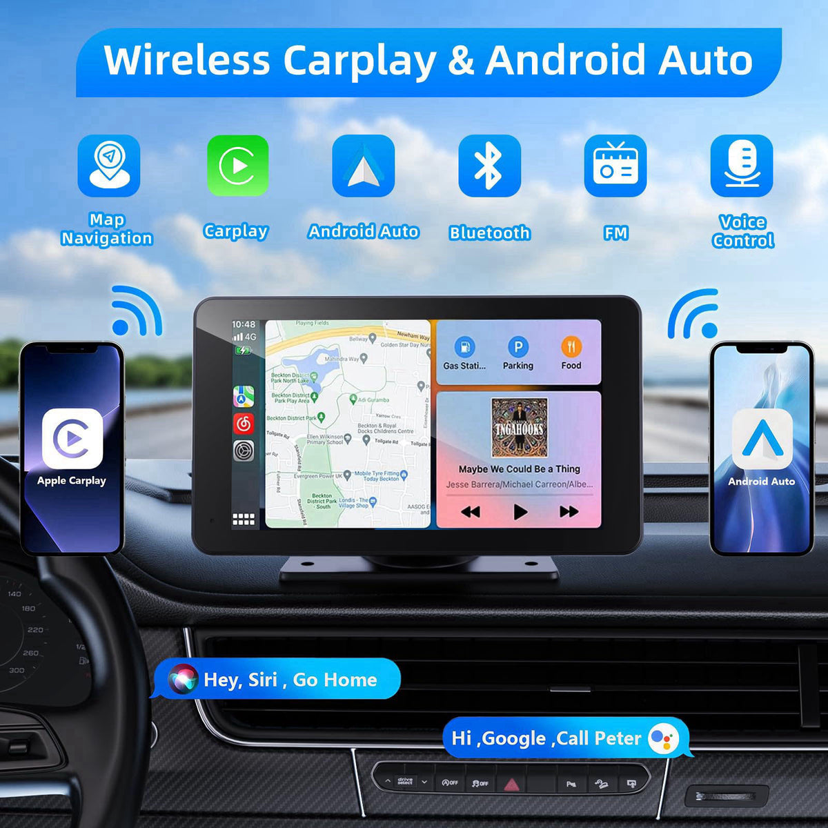 VUKARUAL Wireless Carplay and Android Auto Screen for Car, 7" HD Portable Touch Screen Car Stereo with Bluetooth, Ba