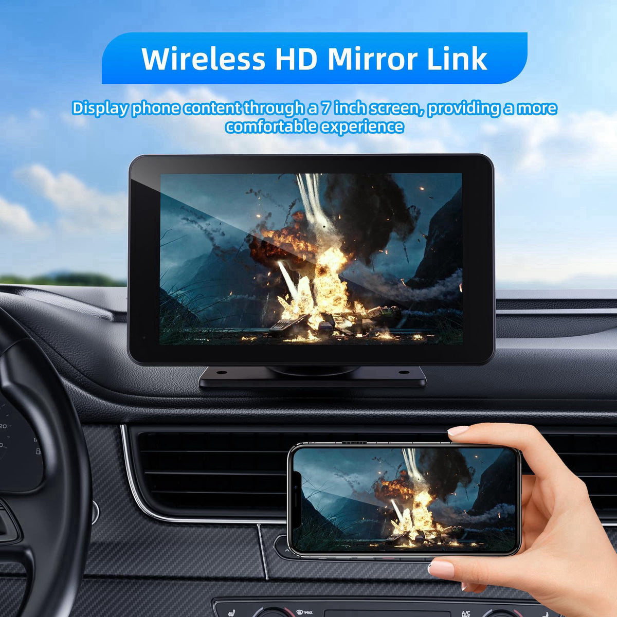 VUKARUAL Wireless Carplay and Android Auto Screen for Car, 7" HD Portable Touch Screen Car Stereo with Bluetooth, Ba