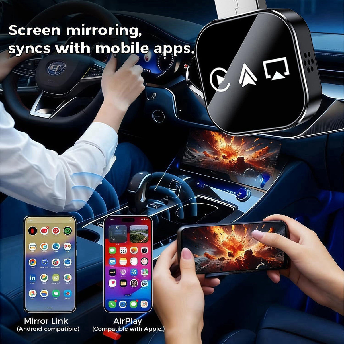2026 Upgrade 3 in 1 Screen Mirror iOS Phone, Plug-and-Play Smart Car Interconnection Box with Fast 3s Connection, Voice 