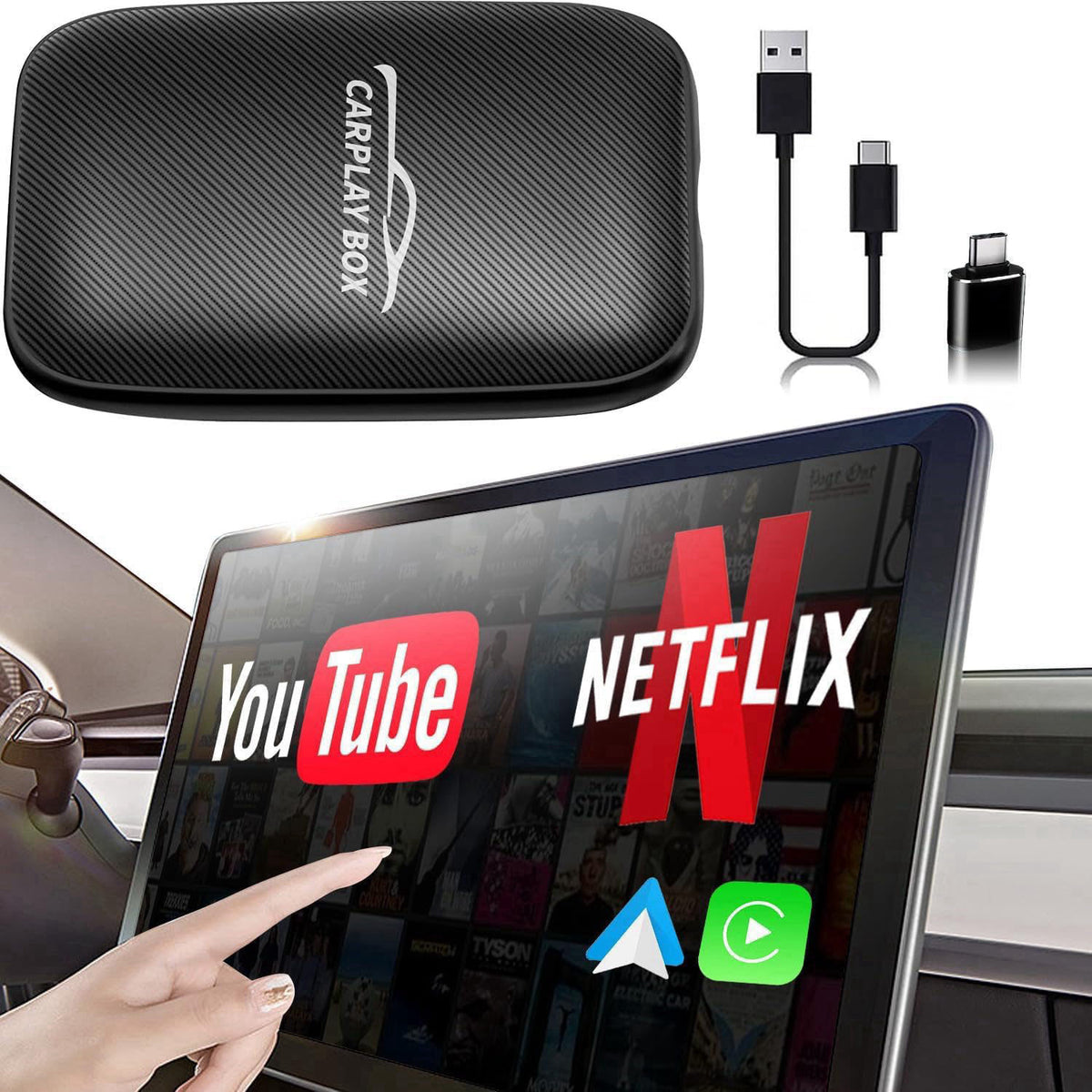 Flgocexs Wireless Carplay Adapter - 3 in 1 Wireless Carplay and Android Auto Adapter with Built in Netflix YouTube Suppo