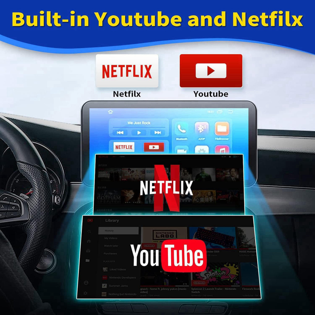Flgocexs Wireless Carplay Adapter - 3 in 1 Wireless Carplay and Android Auto Adapter with Built in Netflix YouTube Suppo