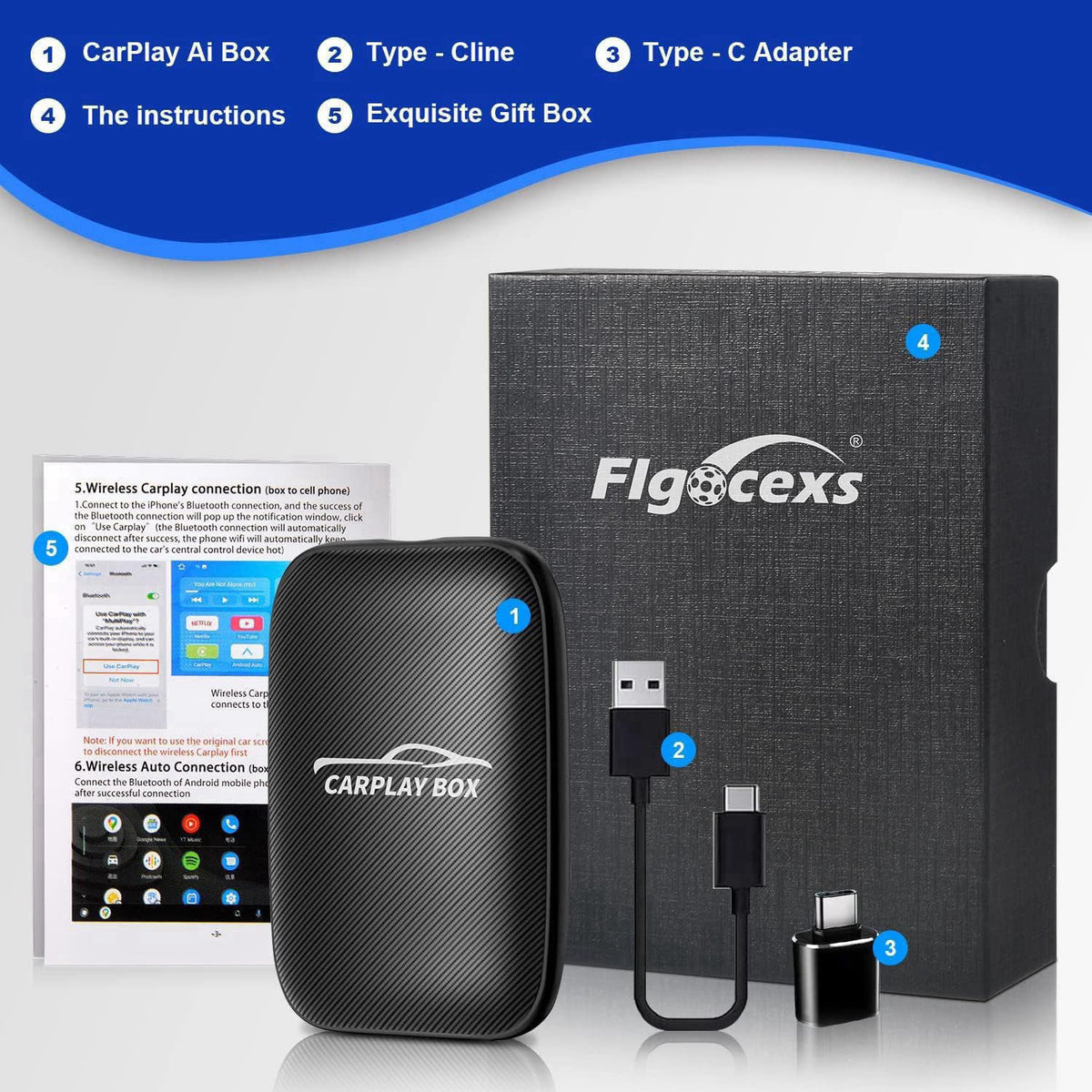 Flgocexs Wireless Carplay Adapter - 3 in 1 Wireless Carplay and Android Auto Adapter with Built in Netflix YouTube Suppo