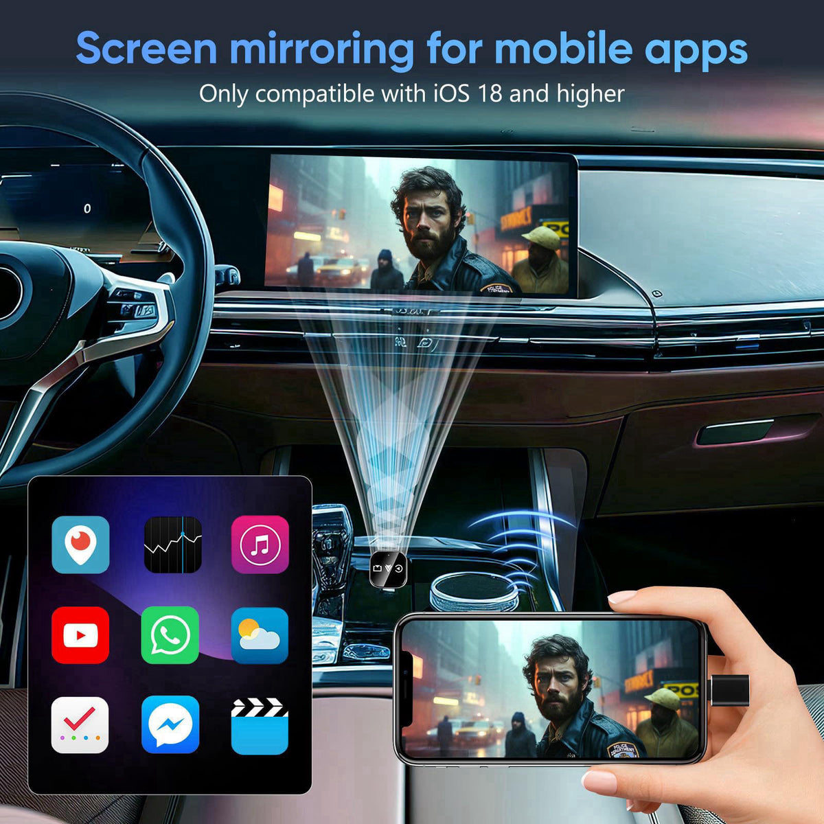 DOITOOL Wireless Car Adapter 3-in-1 Wireless Phone Connector for Car - Screen Mirroring - USB A to C Plug and Play Vehic