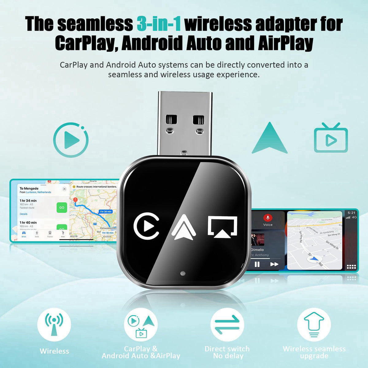 DOITOOL Wireless Car Adapter 3-in-1 Wireless Phone Connector for Car - Screen Mirroring - USB A to C Plug and Play Vehic