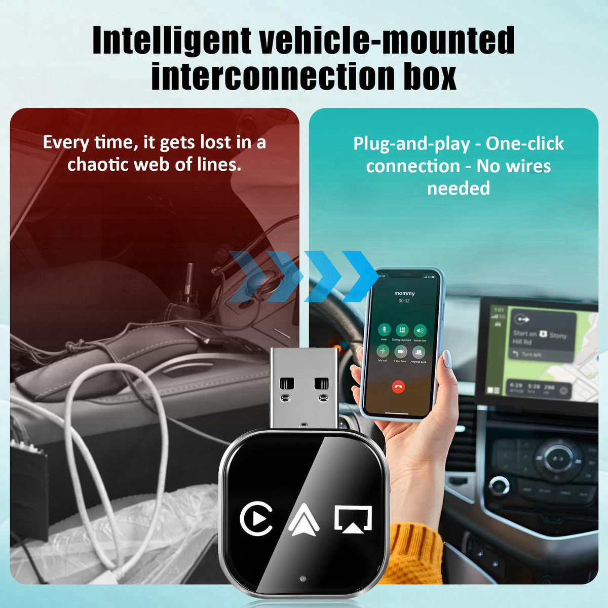 DOITOOL Wireless Car Adapter 3-in-1 Wireless Phone Connector for Car - Screen Mirroring - USB A to C Plug and Play Vehic