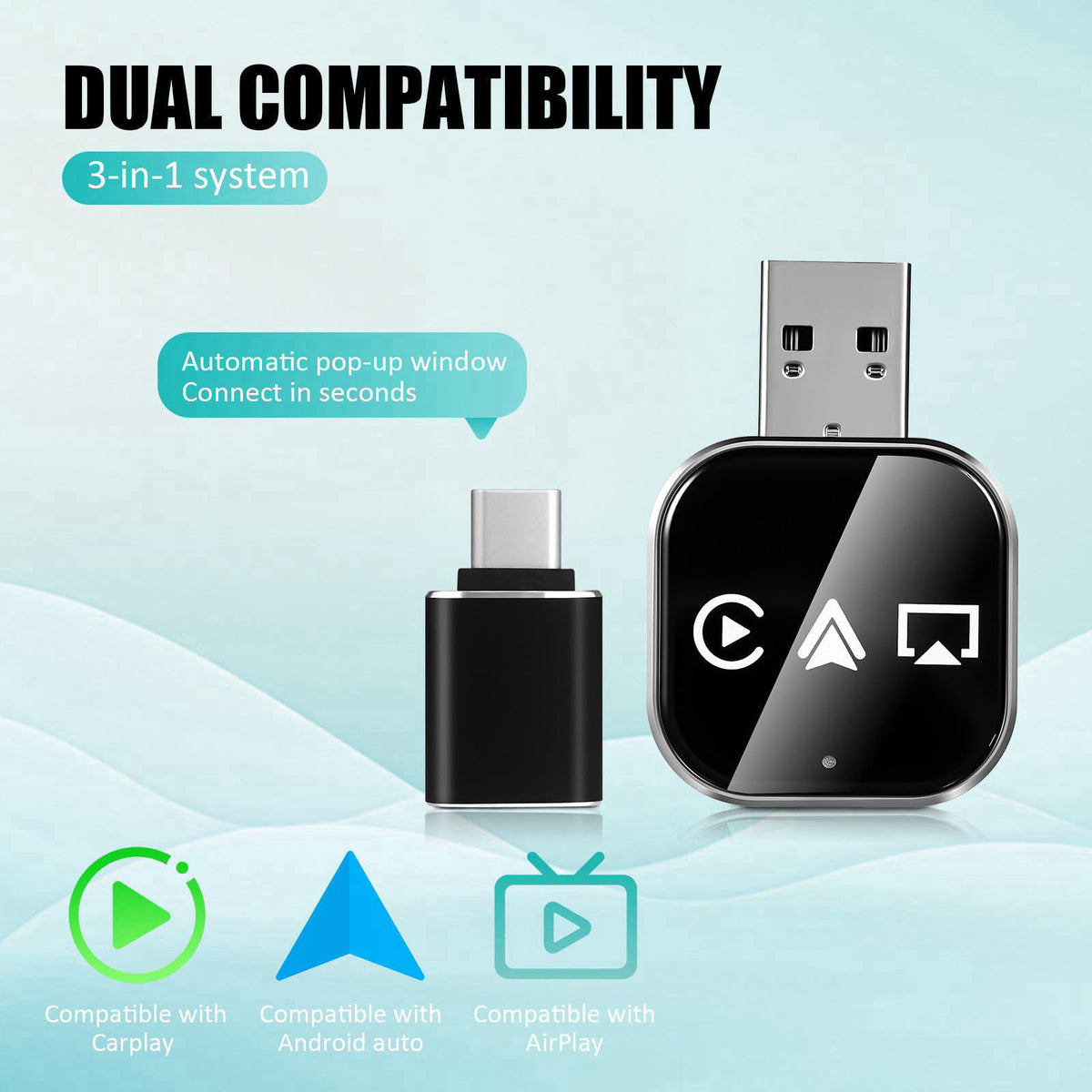 DOITOOL Wireless Car Adapter 3-in-1 Wireless Phone Connector for Car - Screen Mirroring - USB A to C Plug and Play Vehic