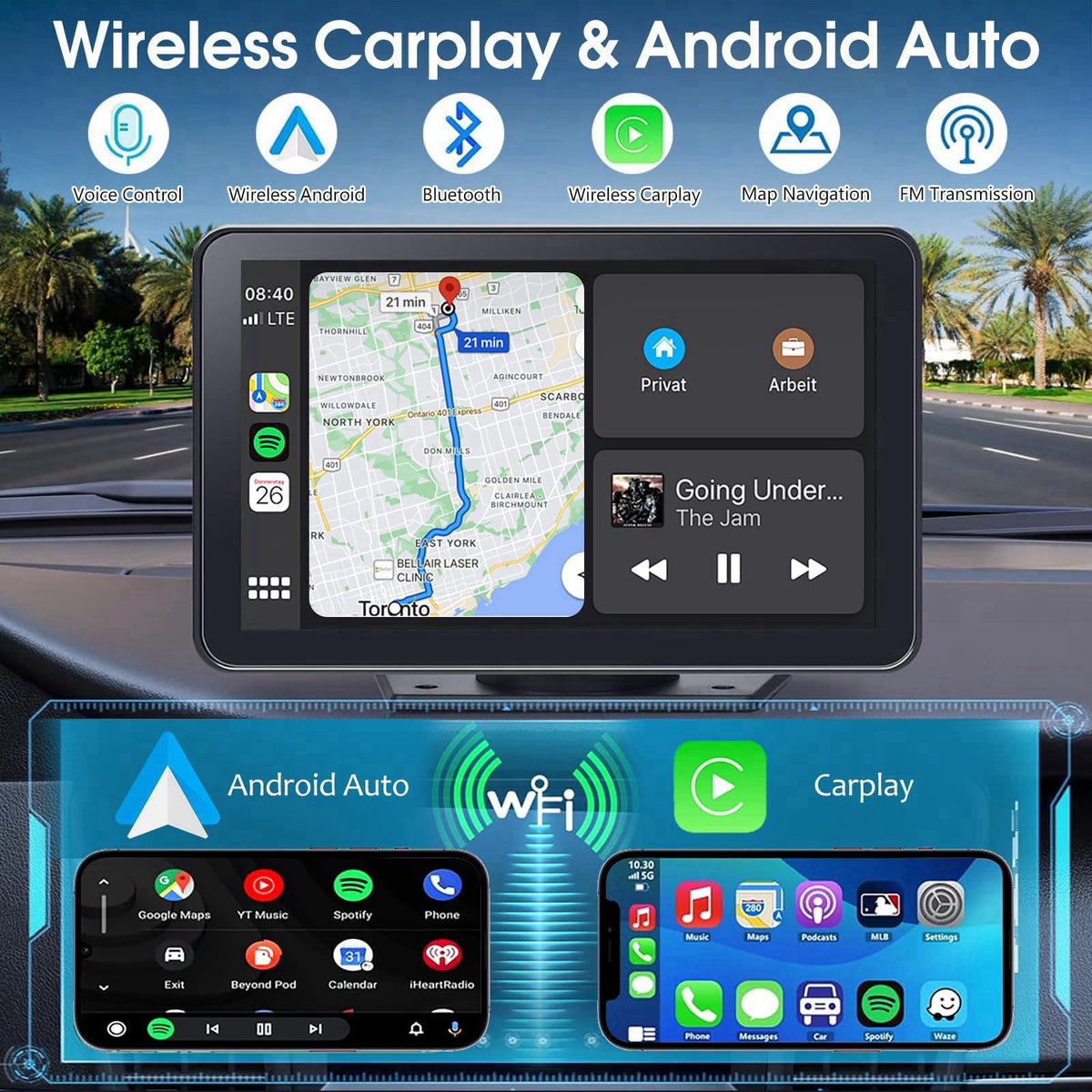Kiswuren Carplay Screen for Car 7" HD Wireless Portable Car Play Touchscreen Stereo – close-up detail in Black
