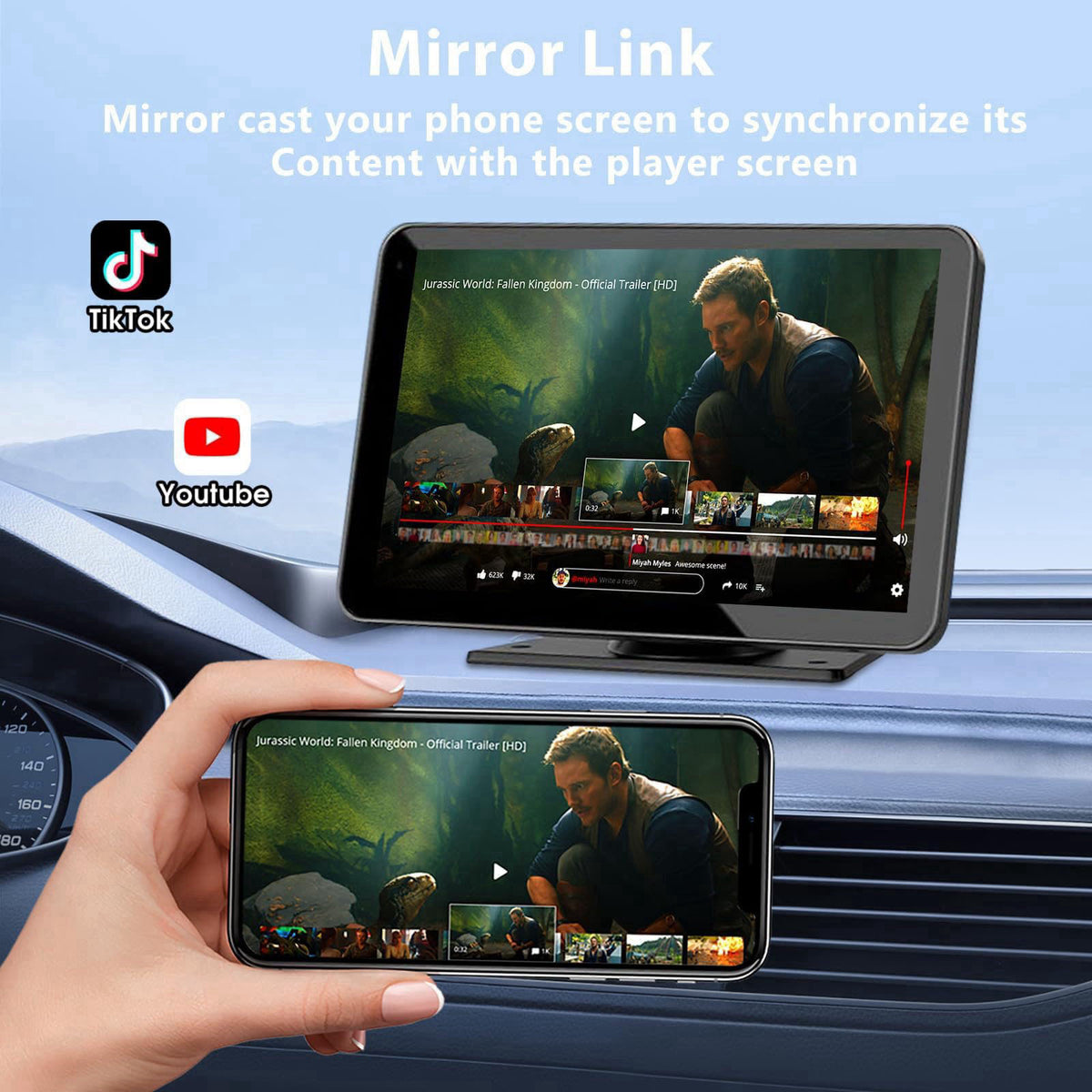 Kiswuren Carplay Screen for Car 7" HD Wireless Portable Car Play Touchscreen Stereo – back view and specifications
