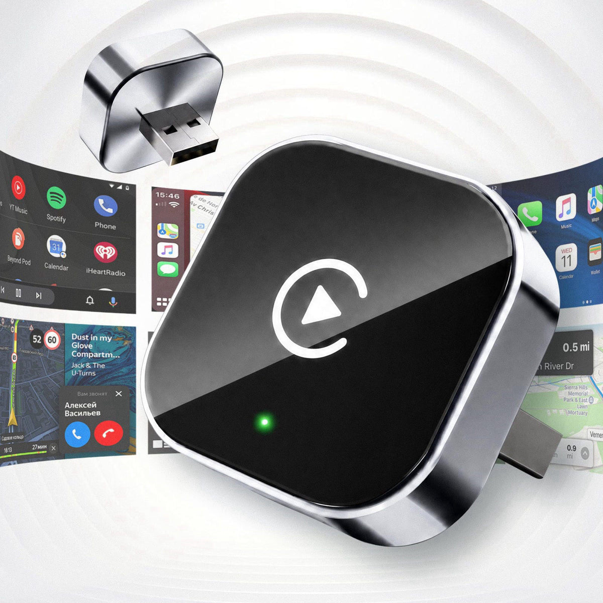 YFDUNV Wireless CarPlay Adapter & Android Auto Dongle, Shiny Silver，Fast Auto-Connect, Compact Plug & Play Wireless CarP