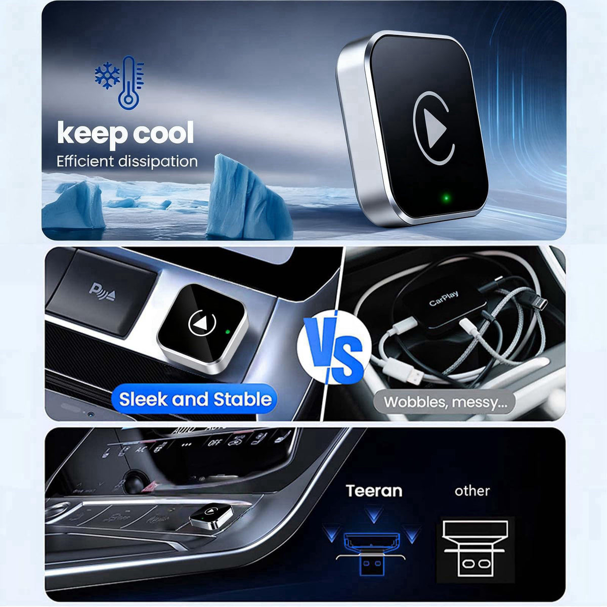 YFDUNV Wireless CarPlay Adapter & Android Auto Dongle, Shiny Silver，Fast Auto-Connect, Compact Plug & Play Wireless CarP