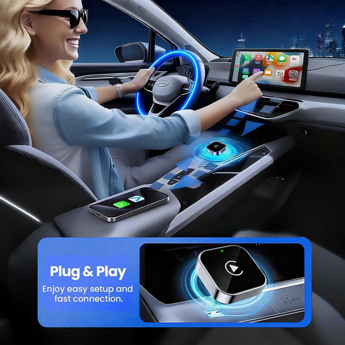 YFDUNV Wireless CarPlay Adapter & Android Auto Dongle, Shiny Silver，Fast Auto-Connect, Compact Plug & Play Wireless CarP
