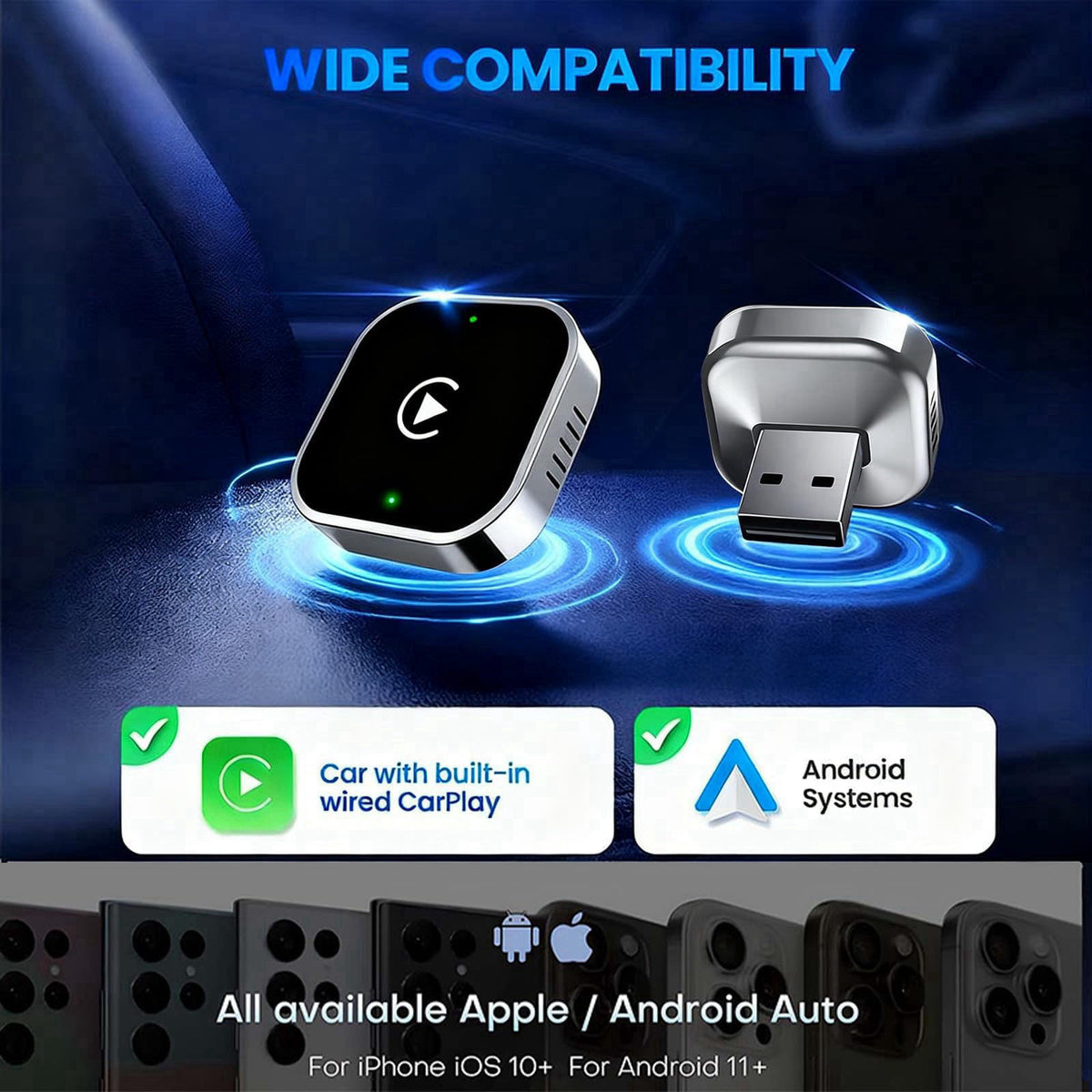 YFDUNV Wireless CarPlay Adapter & Android Auto Dongle, Shiny Silver，Fast Auto-Connect, Compact Plug & Play Wireless CarP