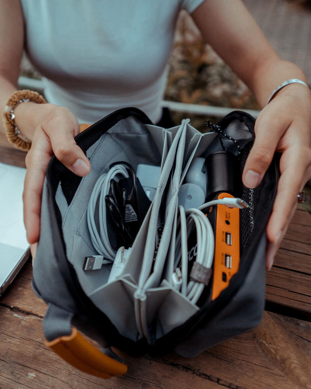 TRIPPED Travel Gear Tech Organizer Pouch for Accessories and Cables – back view and specifications