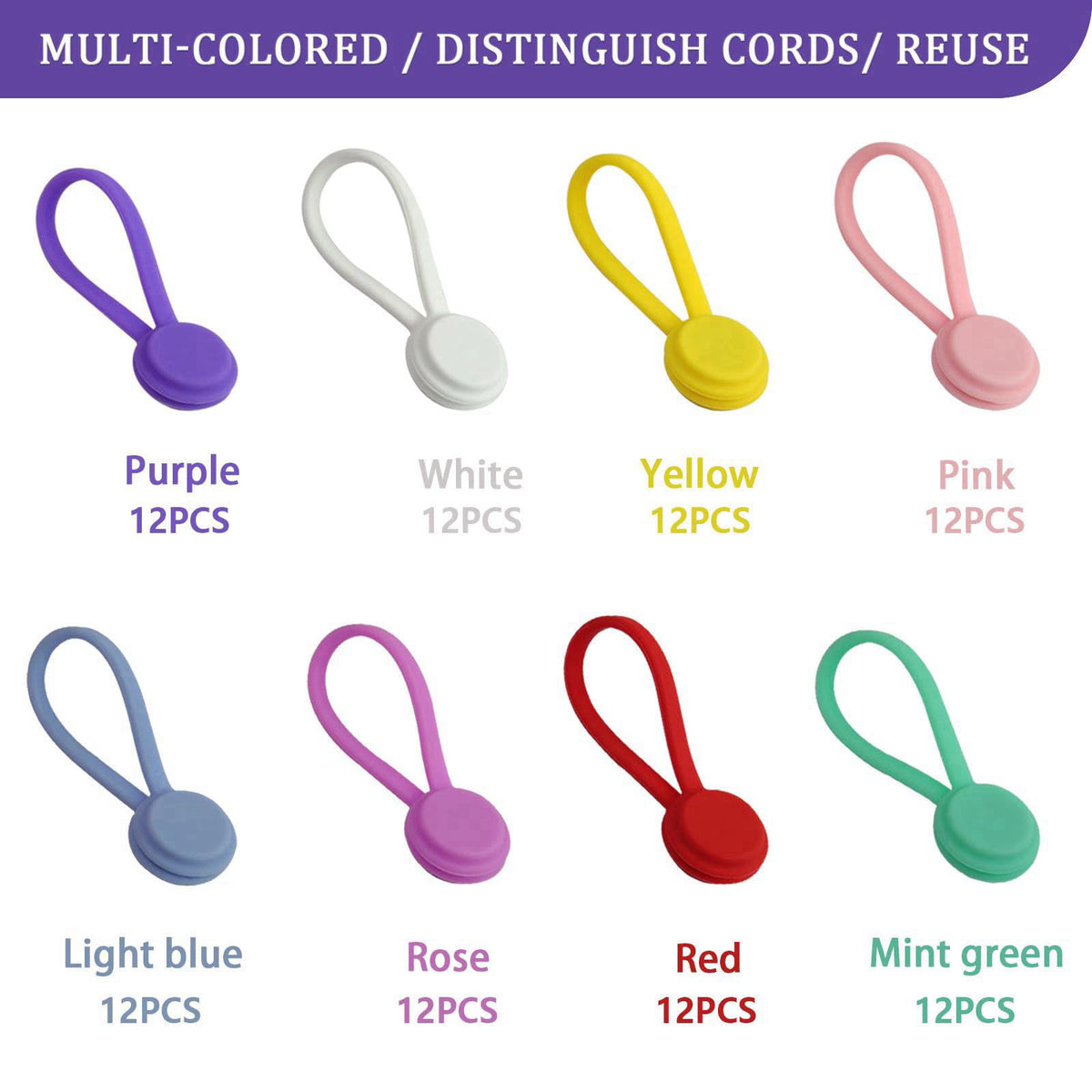 Motiloo 96-Pack Reusable Silicone Magnetic Cable Ties,8 Colors Multi Cord Organizer – close-up detail in Multi-colored M