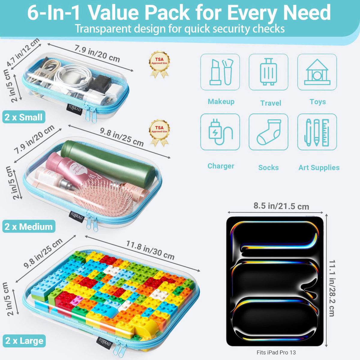 YQBRAO Clear Hard Shell Zipper Cases, 6 Multi-Size Organizers, Blue – full view