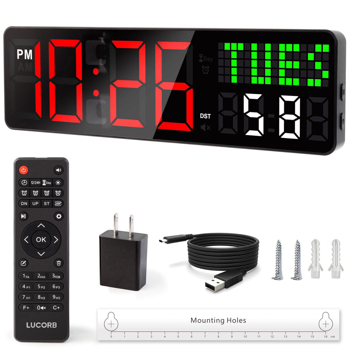 LUCORB Home Gym Timer, 12'' Interval Workout Clock with Seconds | Remote Control | 5 Display Modes, 4 Alarms | Countdown