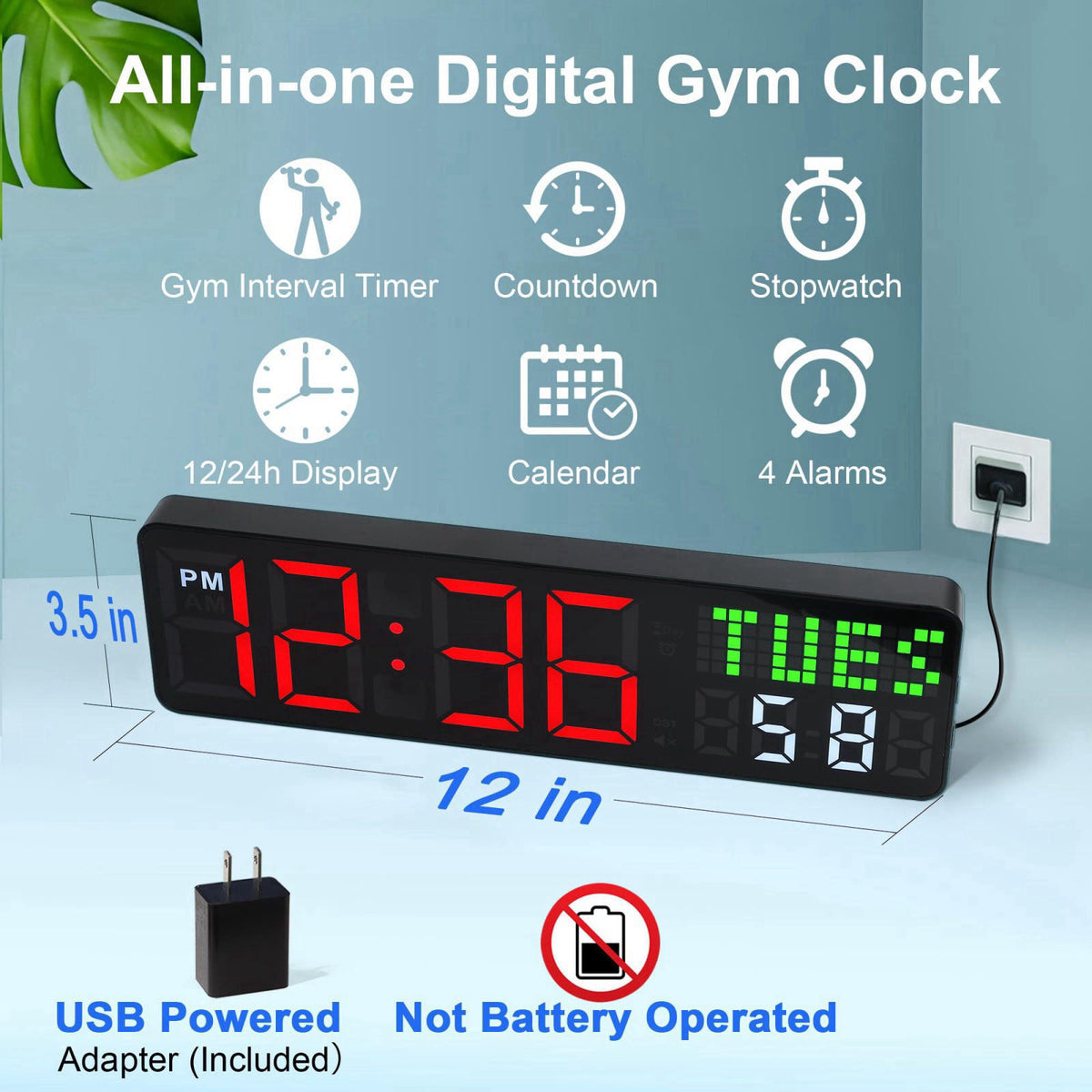 LUCORB Home Gym Timer, 12'' Interval Workout Clock with Seconds | Remote Control | 5 Display Modes, 4 Alarms | Countdown