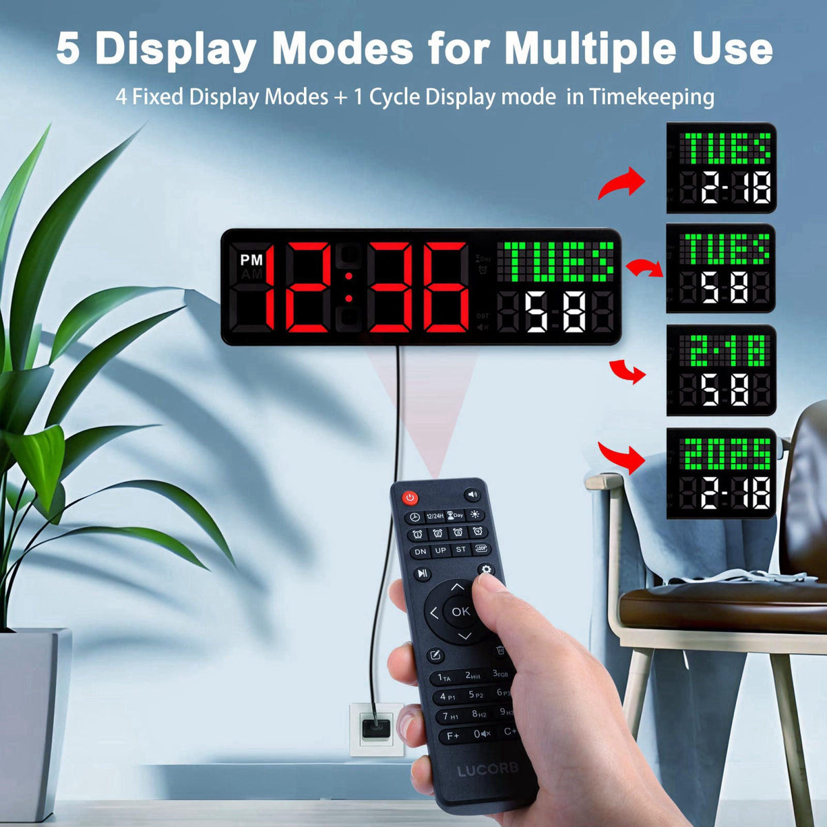 LUCORB Home Gym Timer, 12'' Interval Workout Clock with Seconds | Remote Control | 5 Display Modes, 4 Alarms | Countdown