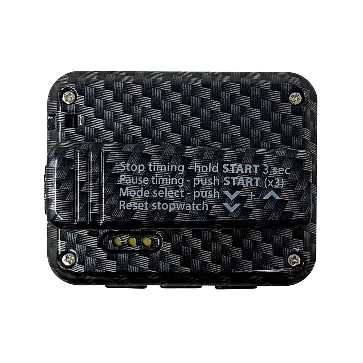 Gymboss Charge Interval Timer and Stopwatch – back view and specifications