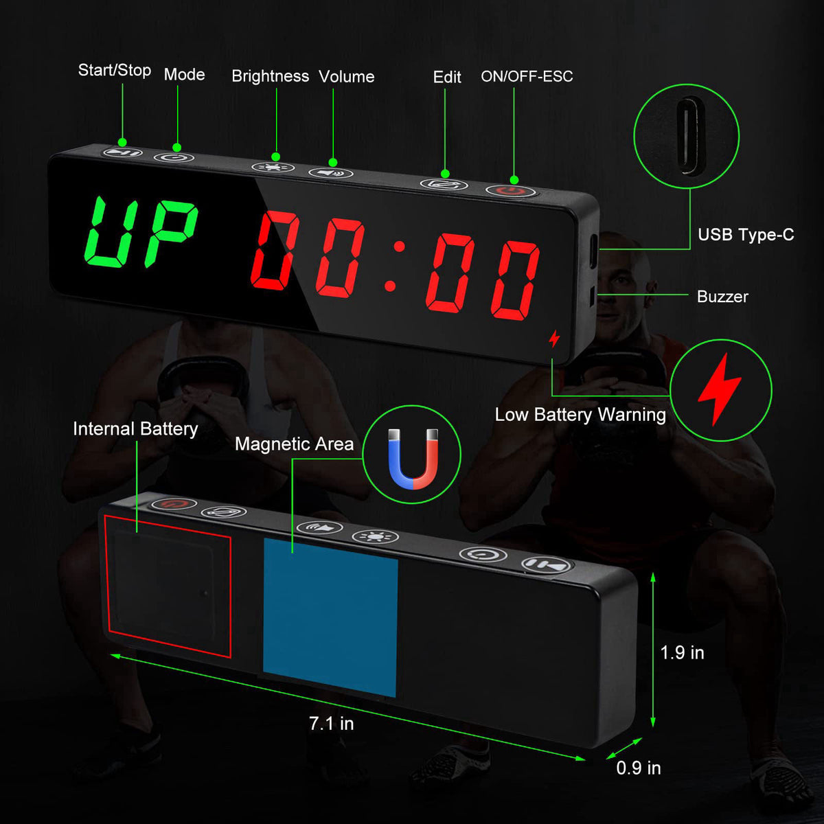 Jhering Gym Timer, Portable, Interval Timer with Rechargeable Battery and Built-in Magnet, LED Digital Anti Vertigo Disp
