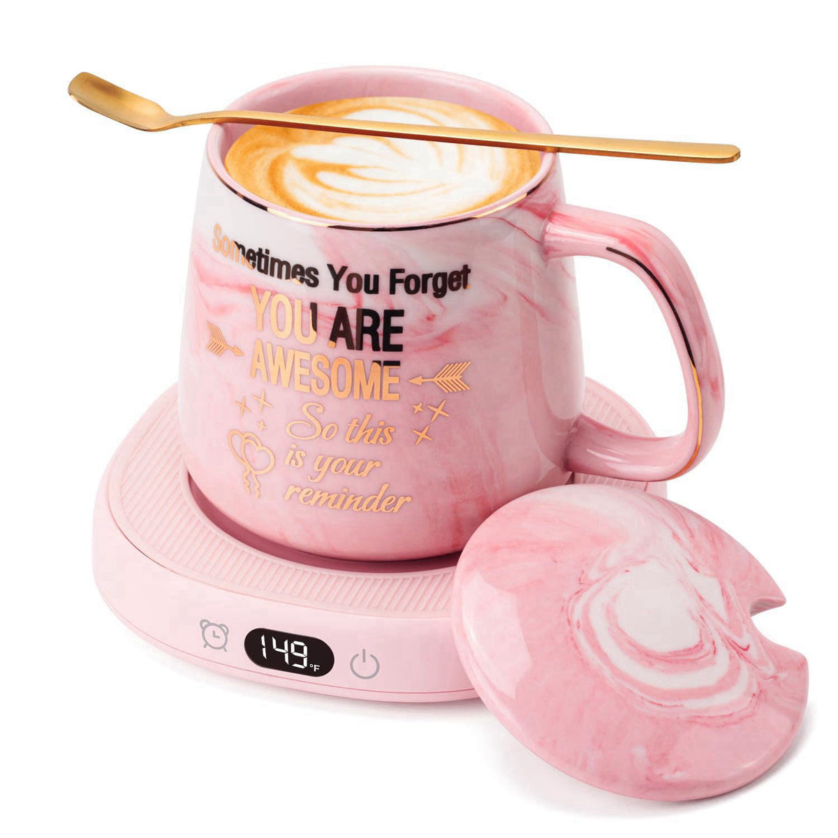 LOUTYTUO Coffee Mug Warmer & You are Awesome Mug Set, Electric Cup Warmer for Desk – Pink, Ceramic