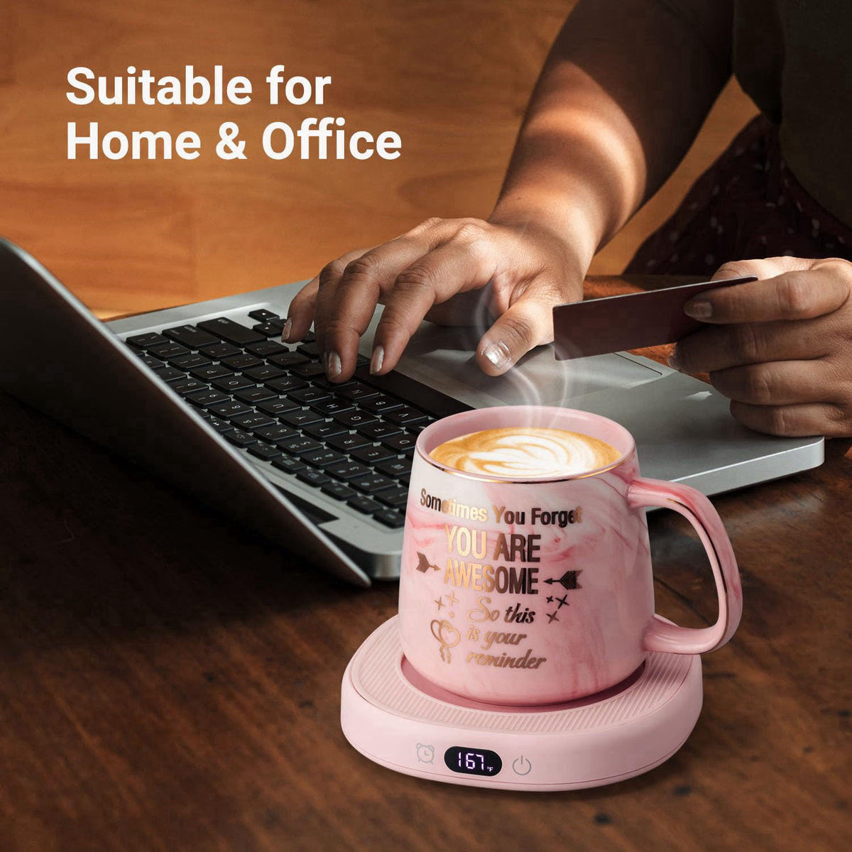 LOUTYTUO Coffee Mug Warmer & You are Awesome Mug Set, Electric Cup Warmer for Desk – close-up detail in Pink