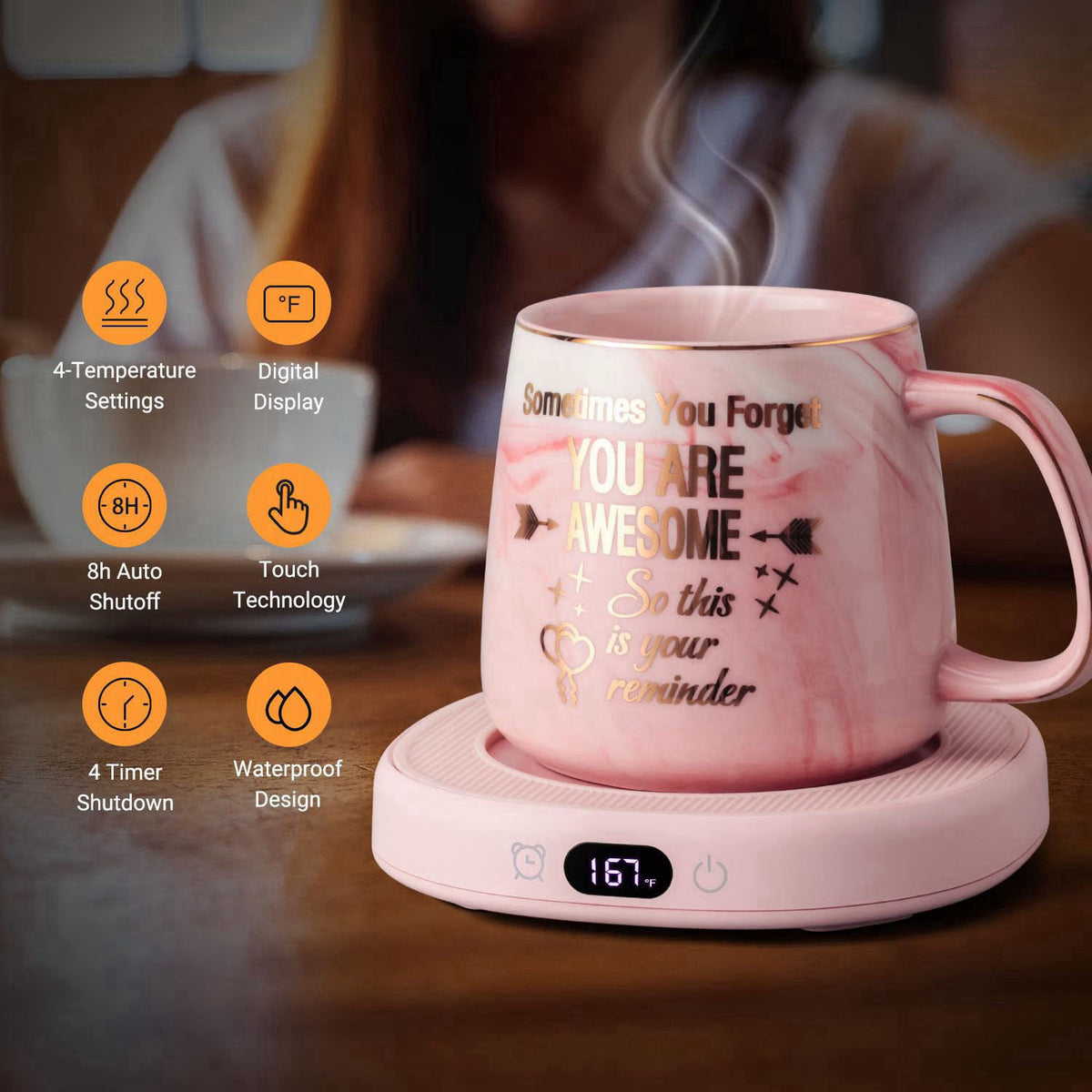 LOUTYTUO Coffee Mug Warmer & You are Awesome Mug Set, Electric Cup Warmer for Desk – full view