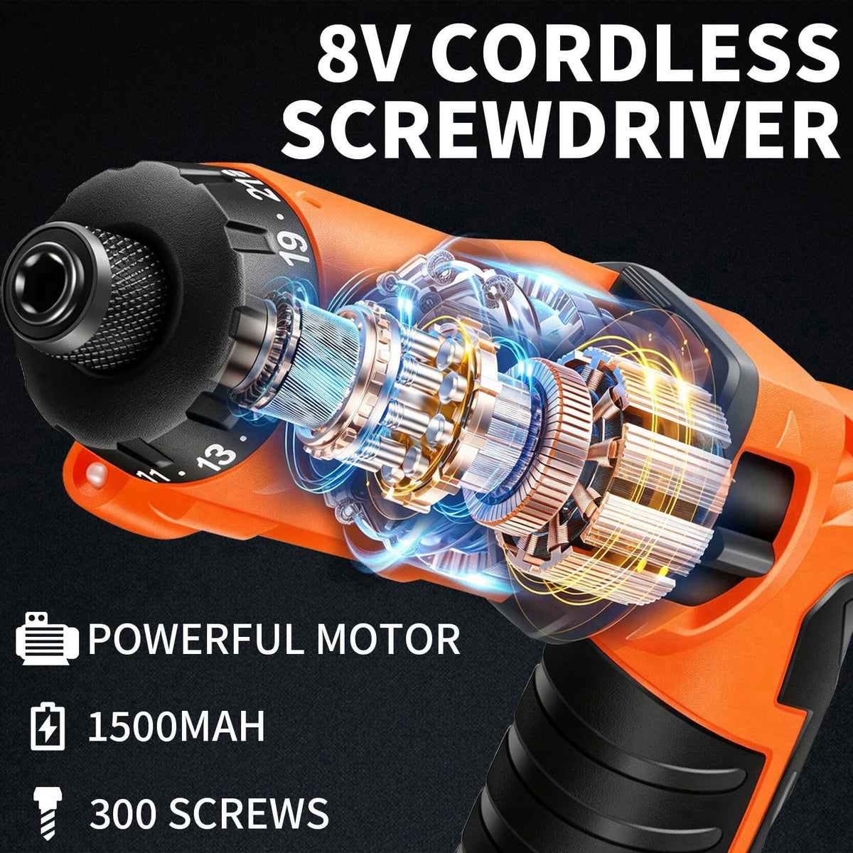 ENERTWIST 8V Cordless Screwdriver, 82 Accessory Kit, Max 10Nm 21+1 Cluth – close-up detail