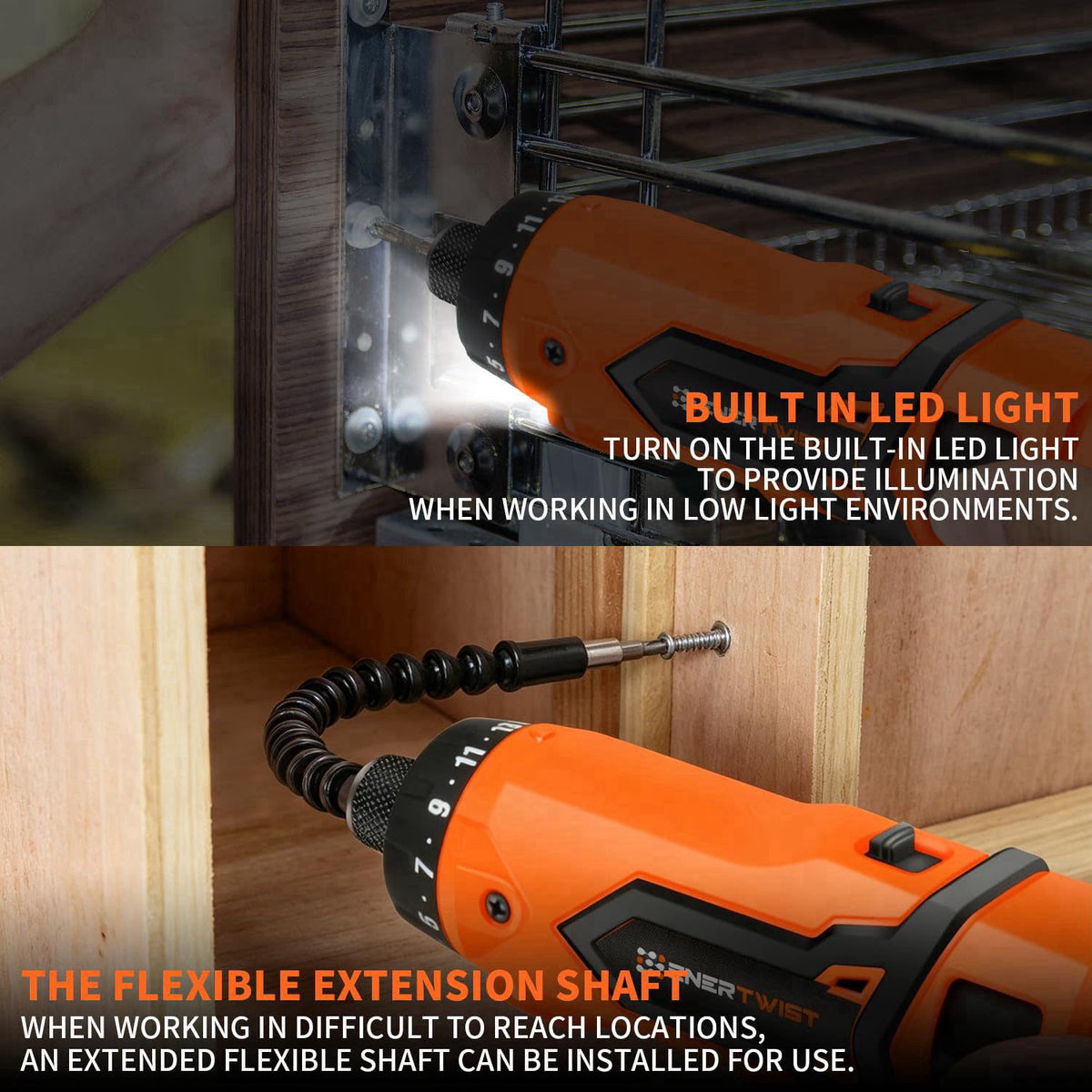 ENERTWIST 8V Cordless Screwdriver, 82 Accessory Kit, Max 10Nm 21+1 Cluth – back view and specifications