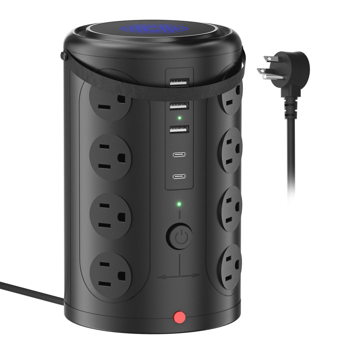 UWIWUTEI 6FT Power Strip Tower Surge Protector, 16 Wide‑Spaced Outlets & 5 USB Ports – back view and specifications