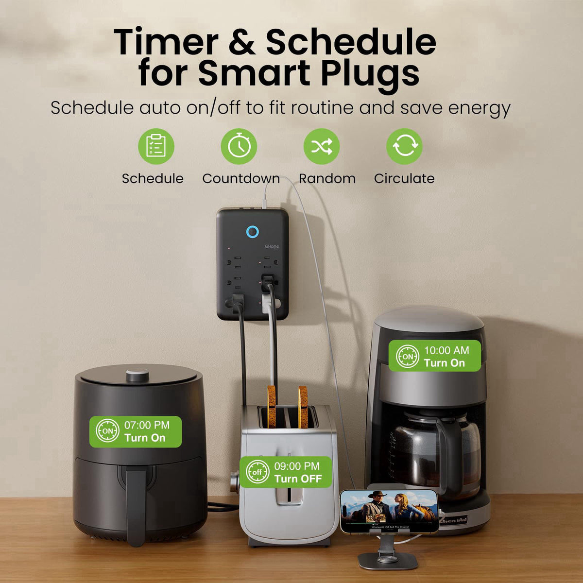 GHome Smart Plug Outlet Extender, Smart Power Strip with 3 Individually Controlled WiFi Outlets and 3 USB Ports, Smart P