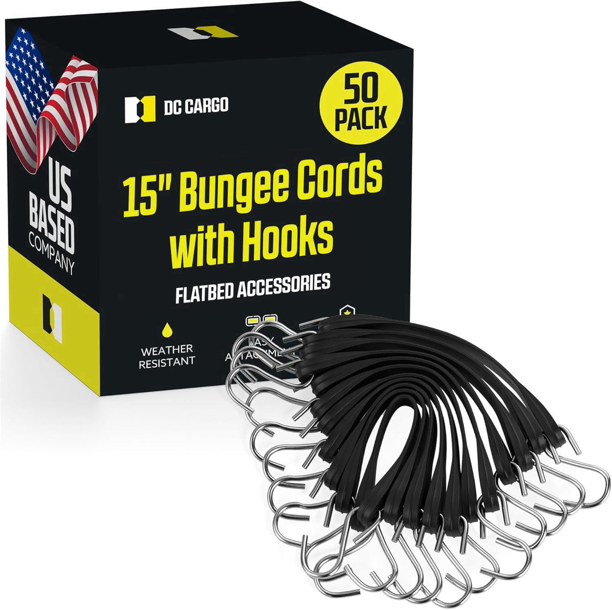 DC Cargo Mall DC Cargo (Pack of 50) Tarp Straps for Flatbed Trailers, 15" Long Natural Rubber Bungee Cord Tie-Downs 