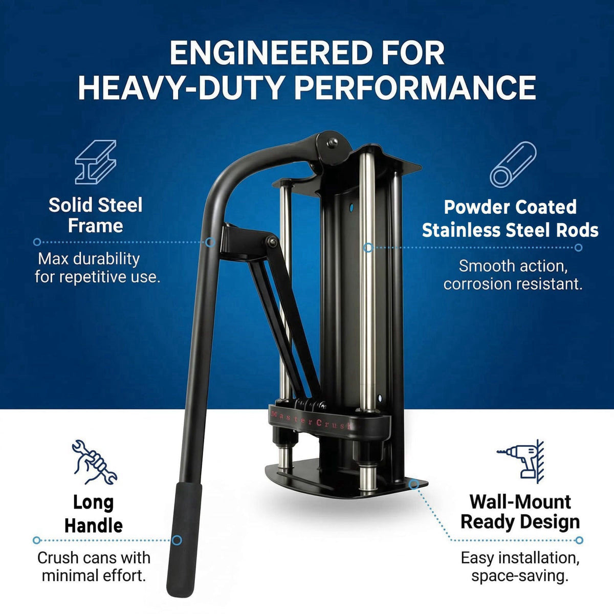 MasterCrush Heavy Duty Wall Mounted Can Crusher | Recycling 12/16/24/32oz – close-up detail in Black