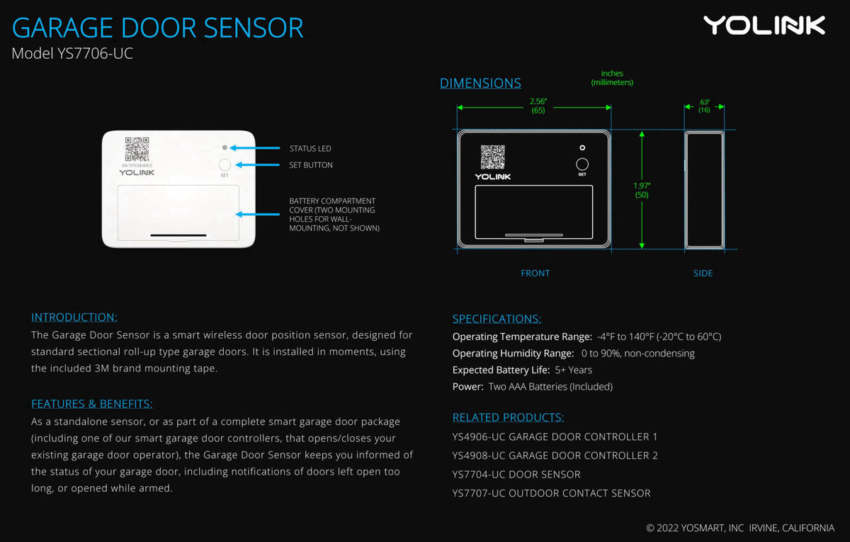 YoLink Garage Door Kit: Controller + Sensor + Hub – back view and specifications