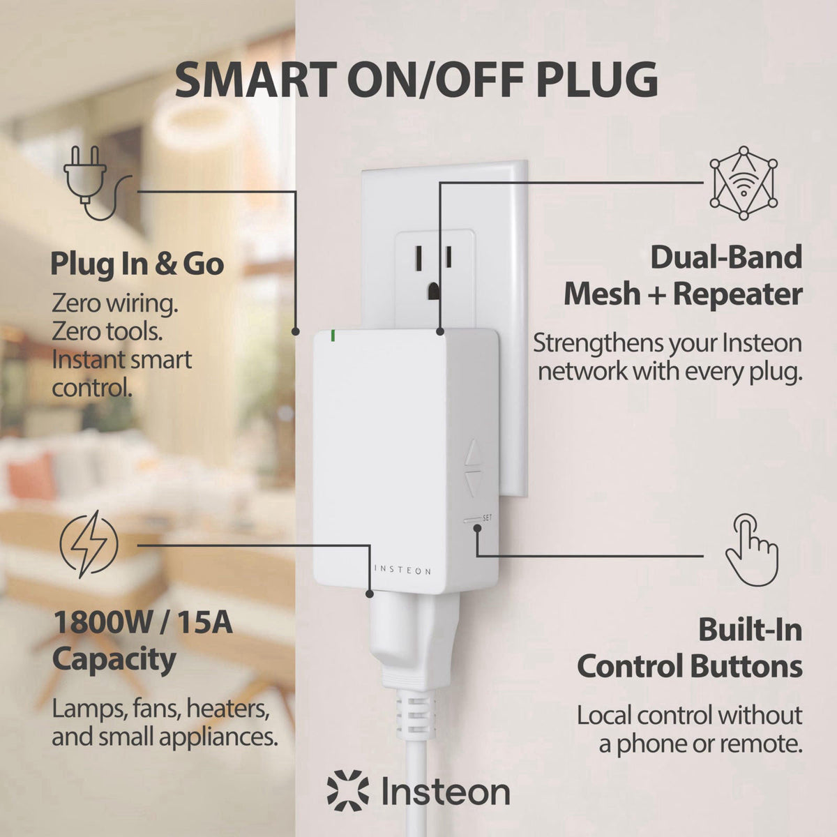 Insteon Smart On/Off Plug-in Module, 1800W Indoor Smart Outlet - 2635-222 – close-up detail in White
