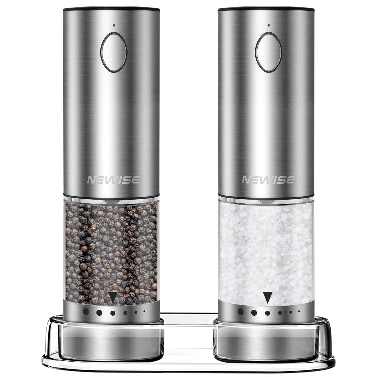 Newise Electric Salt and Pepper Grinder Set, Rechargeable, Stainless Steel – Silver_Clear Acrylic Base, Stainless Steel