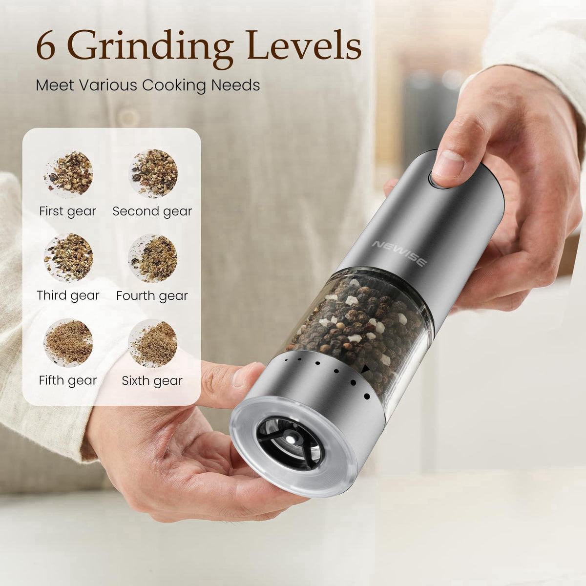 Newise Electric Salt and Pepper Grinder Set, Rechargeable, Stainless Steel – close-up detail in Silver_Clear Acrylic Bas