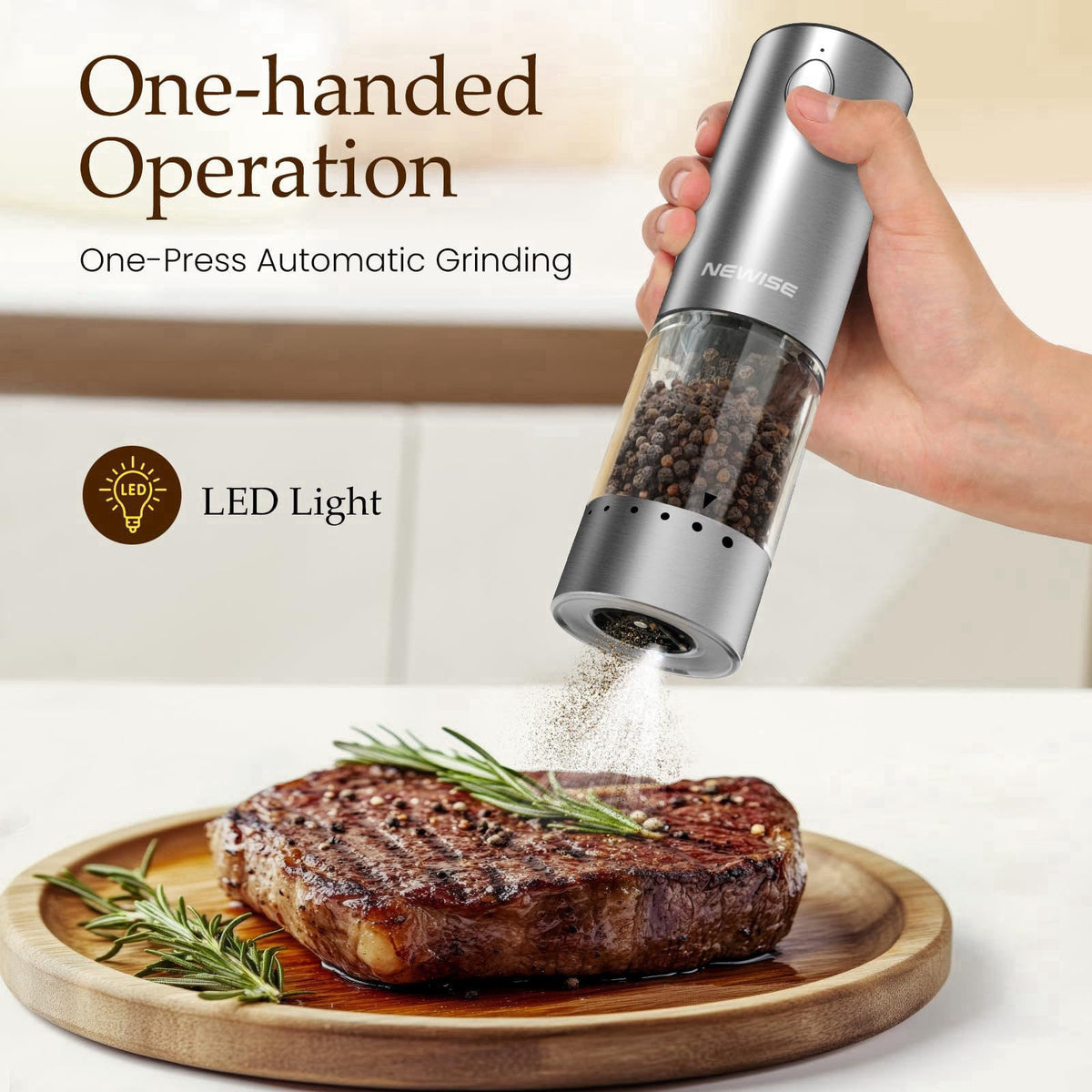 Newise Electric Salt and Pepper Grinder Set, Rechargeable, Stainless Steel – packaging and label