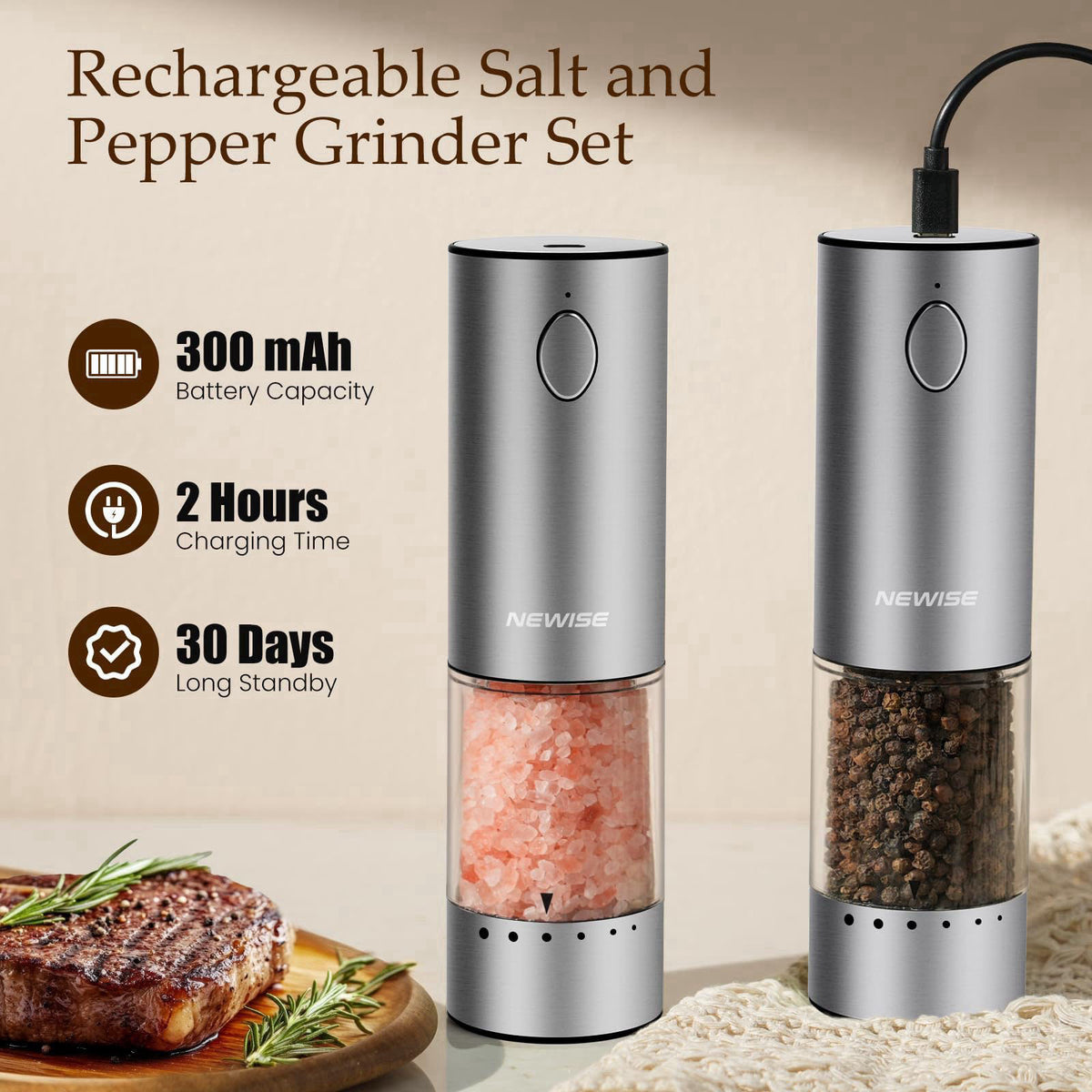 Newise Electric Salt and Pepper Grinder Set, Rechargeable, Stainless Steel – full view