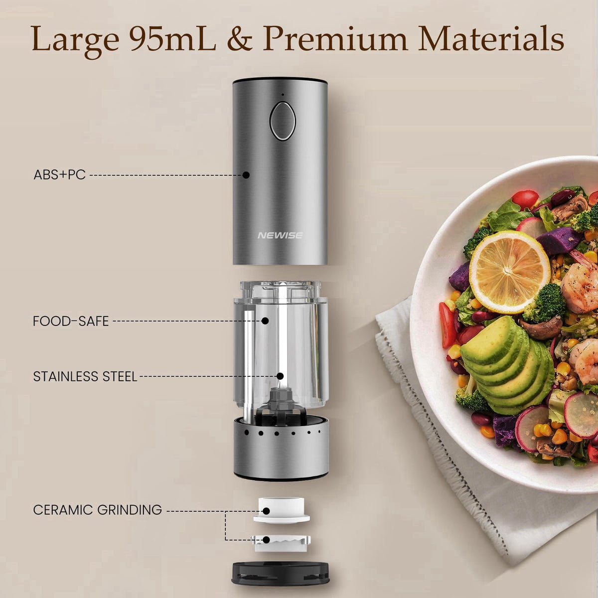Newise Electric Salt and Pepper Grinder Set, Rechargeable, Stainless Steel – back view and specifications
