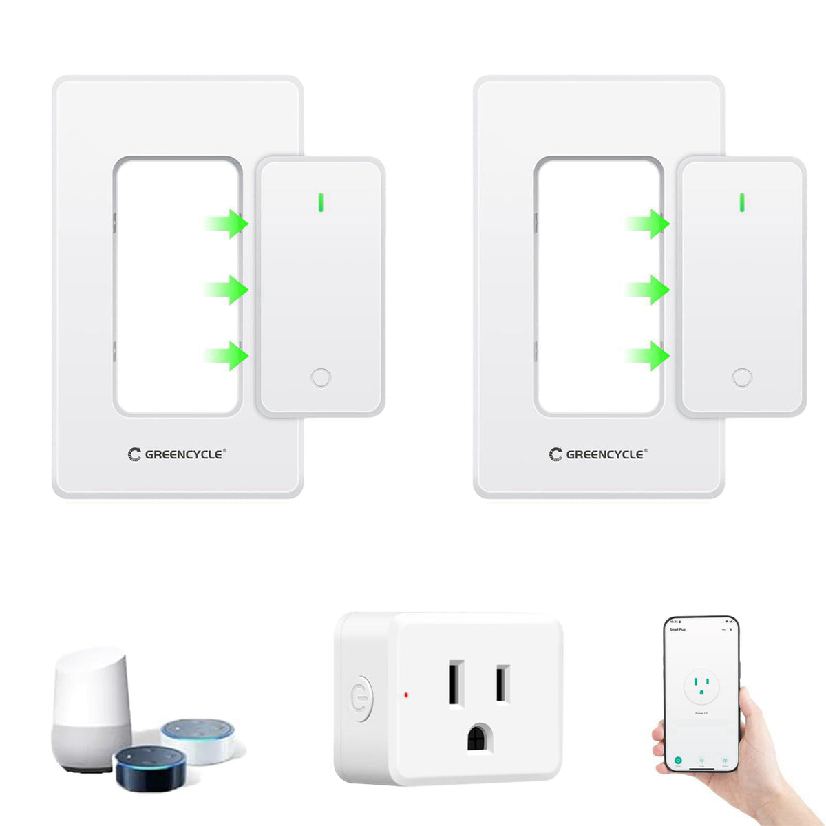 Greencycle WiFi Plug with 2 Wall Switches,App/Voice/Wireless Switch Control – product photo (Outlet Switches)