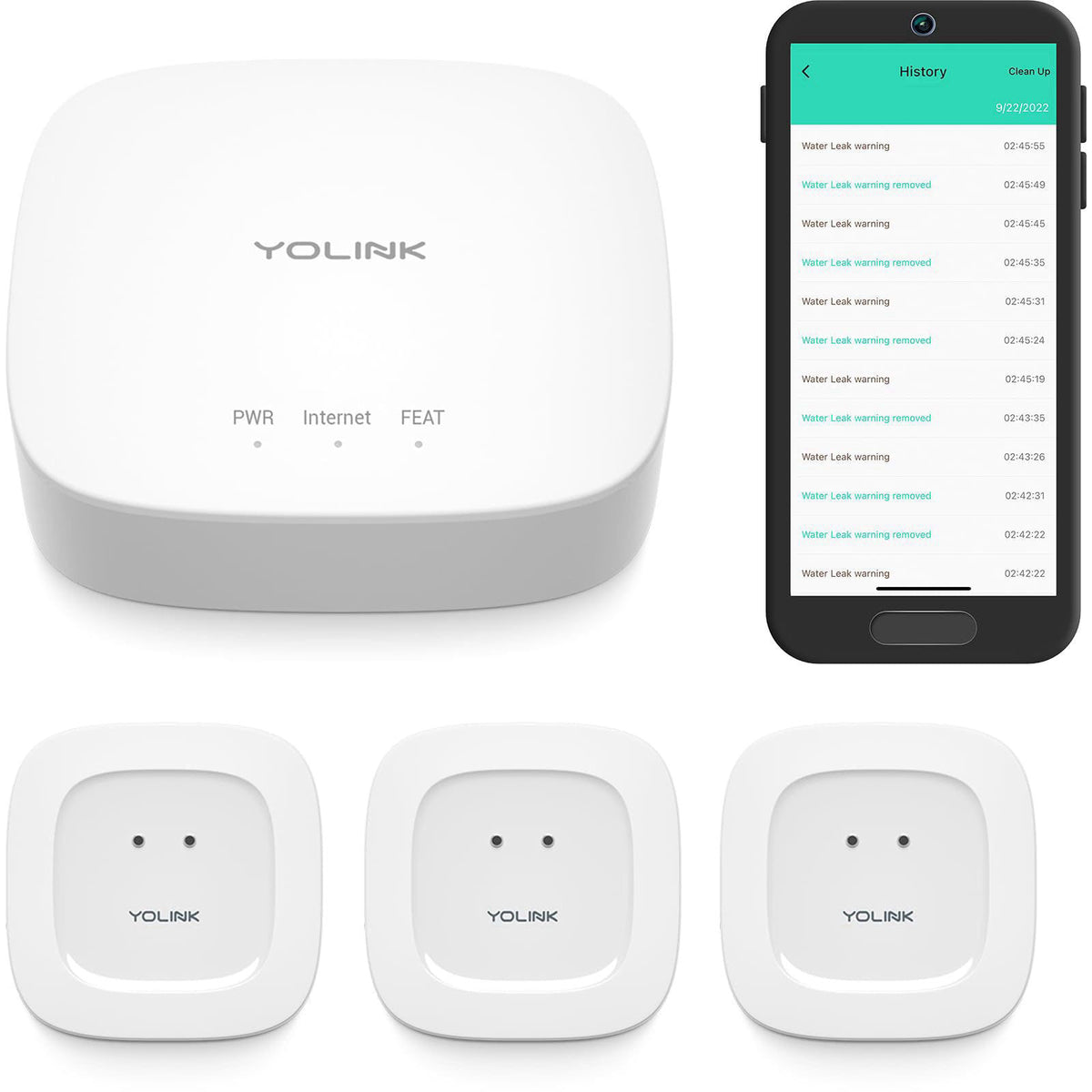 YoLink Water Leak Sensor 1 Kit: 3-Pack + Hub – packaging and label