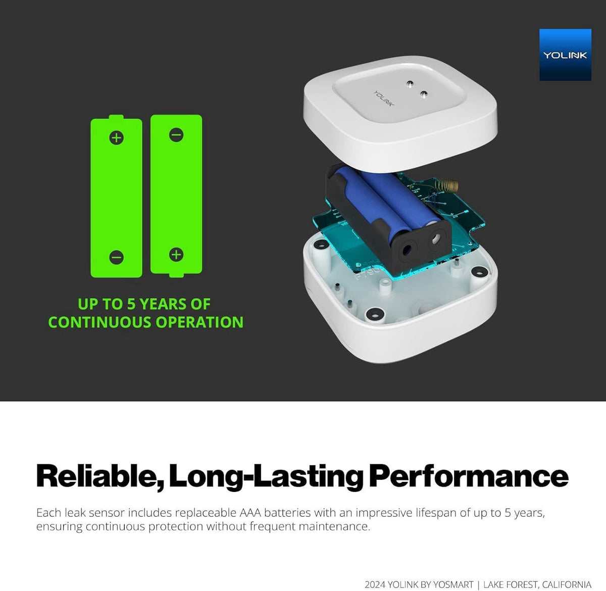YoLink Water Leak Sensor 1 Kit: 3-Pack + Hub – back view and specifications