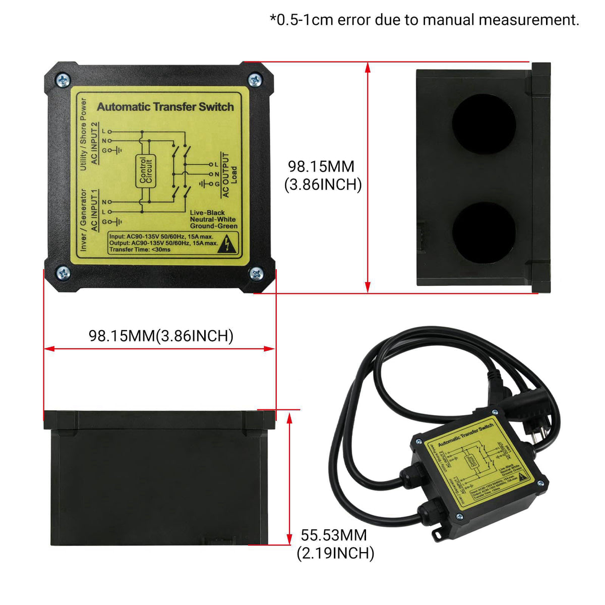 YAURILO AC120V 15Amp Automatic Transfer Switch, Generator ATS Auto Transfer Switch (NEMA 5-15P/R) – close-up detail