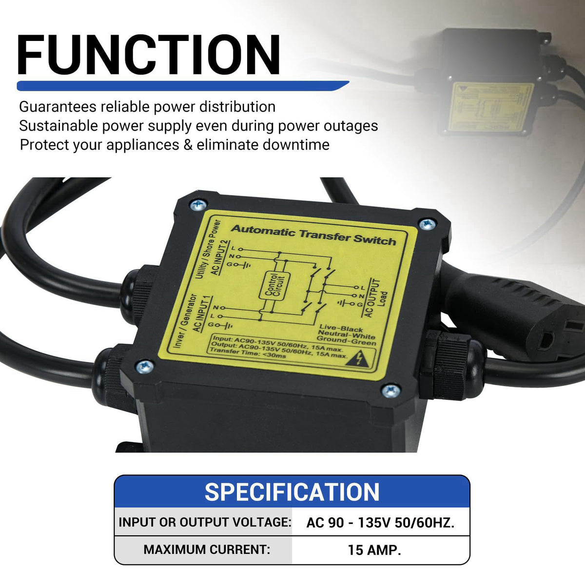 YAURILO AC120V 15Amp Automatic Transfer Switch, Generator ATS Auto Transfer Switch (NEMA 5-15P/R) – full view